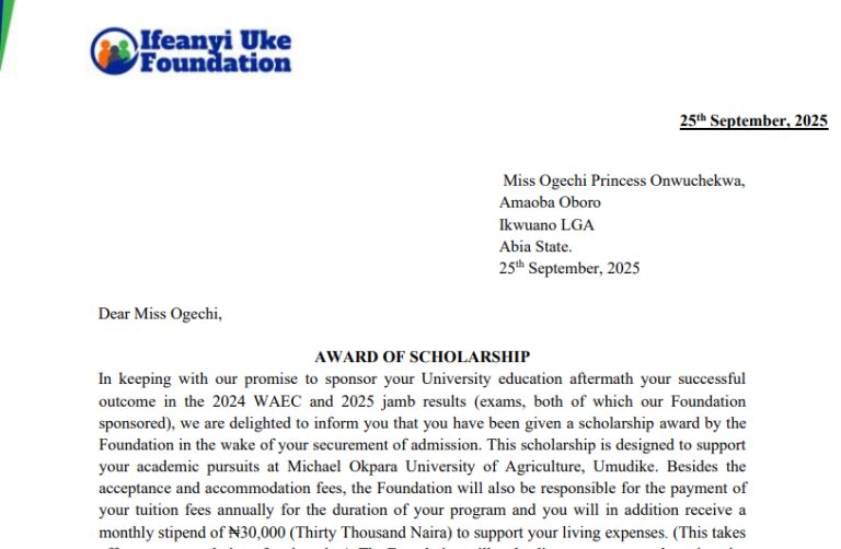 Award of Scholarship to Miss Ogechi